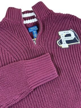 POLO RALPH LAUREN Burgundy Ribbed Quarter Zip Sweater Varsity Patch Boys XL 16